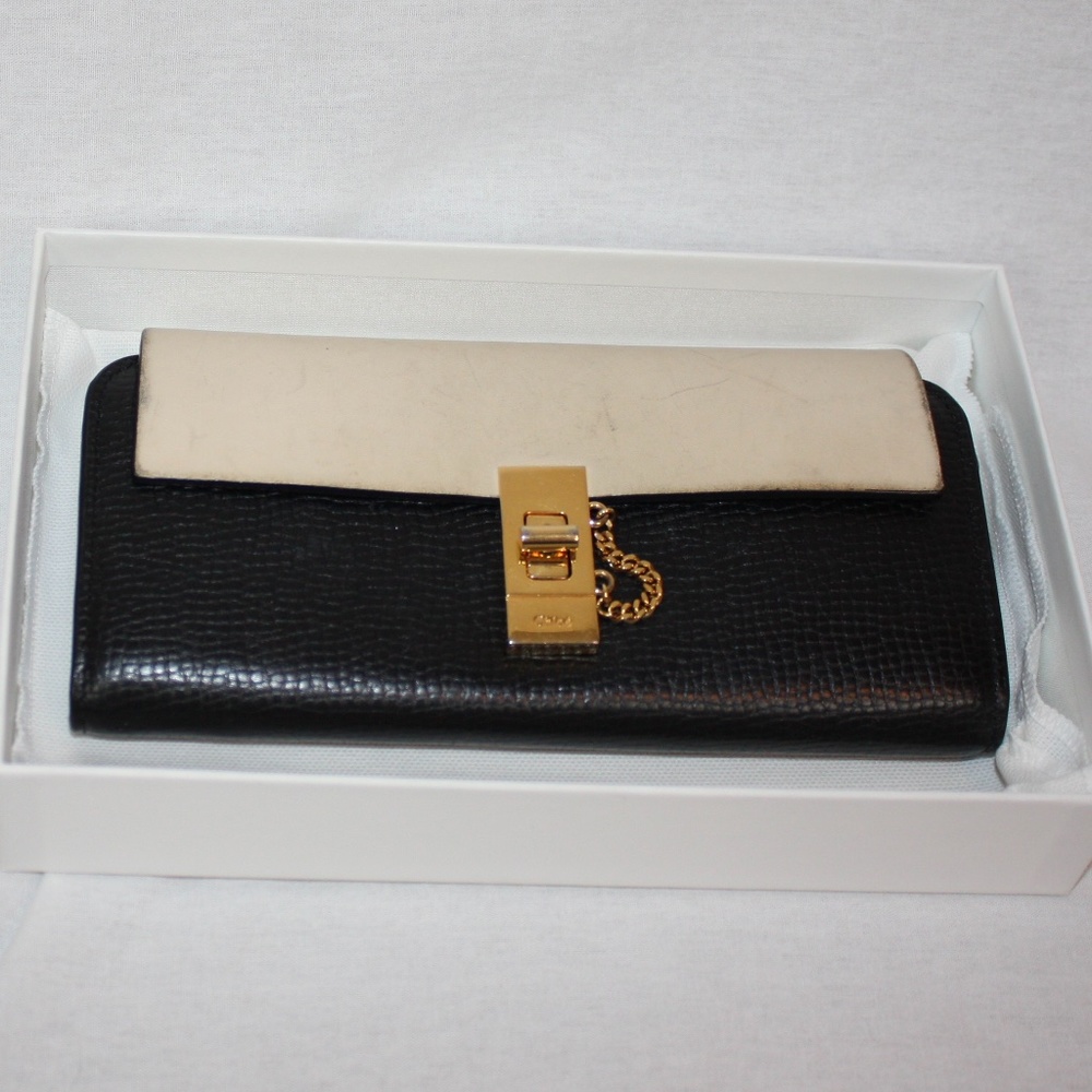 Chloe Leather Drew Long Wallet Black & Cream